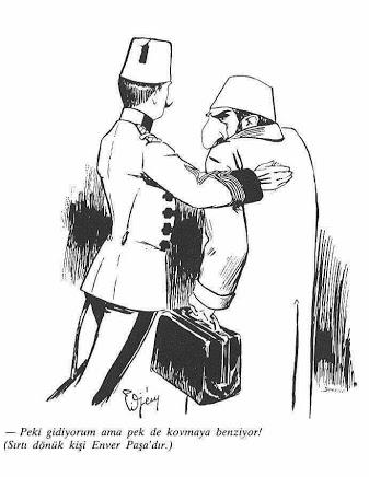 II. Abdülhamid'in tahttan indirilmesini konu alan bir karikatür. Soldaki sırtı dönük kişi Enver Paşa.
