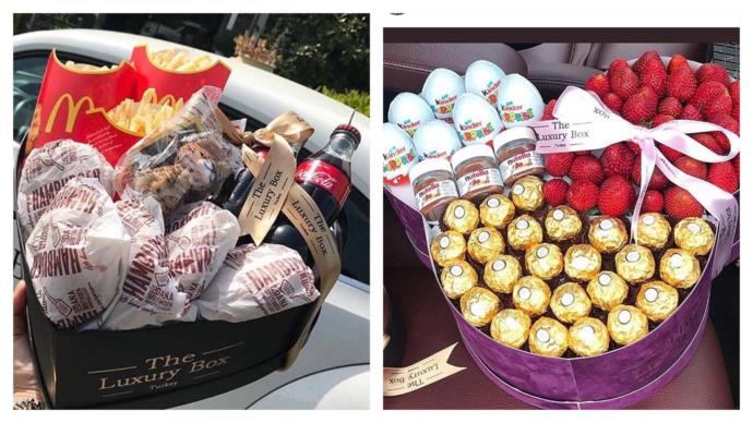 Hangisi senin olsun? Hamburger, patates dolu bir buket mi? Çilek ve çikolatalarla dolu bir paket mi?