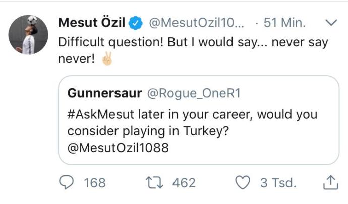 Mesut Özil, 'Türkiye' sorusuna Twitter üzerinden cevap verdi. Sizce Mesut Özil Türkiye'de oynar mı?