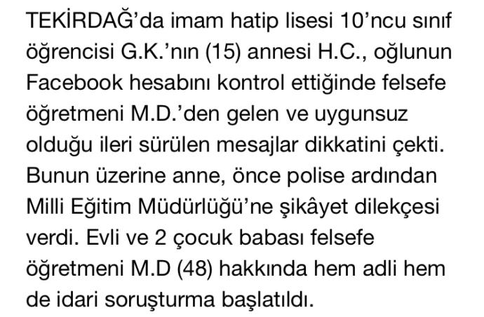 Tekirdağ’da İmam Hatip Lisesinde görev yapan Erkek Öğretmen,10. sınıf Erkek Öğrencisine tacizde bulunup mesajlar attı, bu nedir?