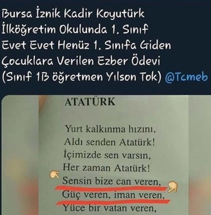 1. sınıfa giden çocuklara verilen şiir, atatürke yüklenen sıfat yaratıcı ile aynı
