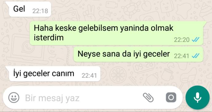 Keske yaninda olabilsem dedim gordu cevap vermedi sana da iyigeceler dedim iyi geceler canim dedi neden cevsp vermedi?