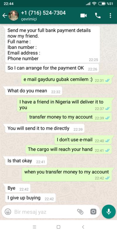 sahibinden sitesinde satis yapiyorsun ve yabanci numara mesaj atiyor watsapp dan dolandirici dikkat edin kizlarsoruyor