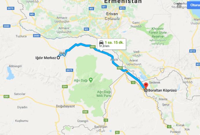 Boraltan Köprüsü, Iğdır il merkezinin 91 kilometre güneydoğusunda, Türk-İran sınırı üzerinde bulunuyor.