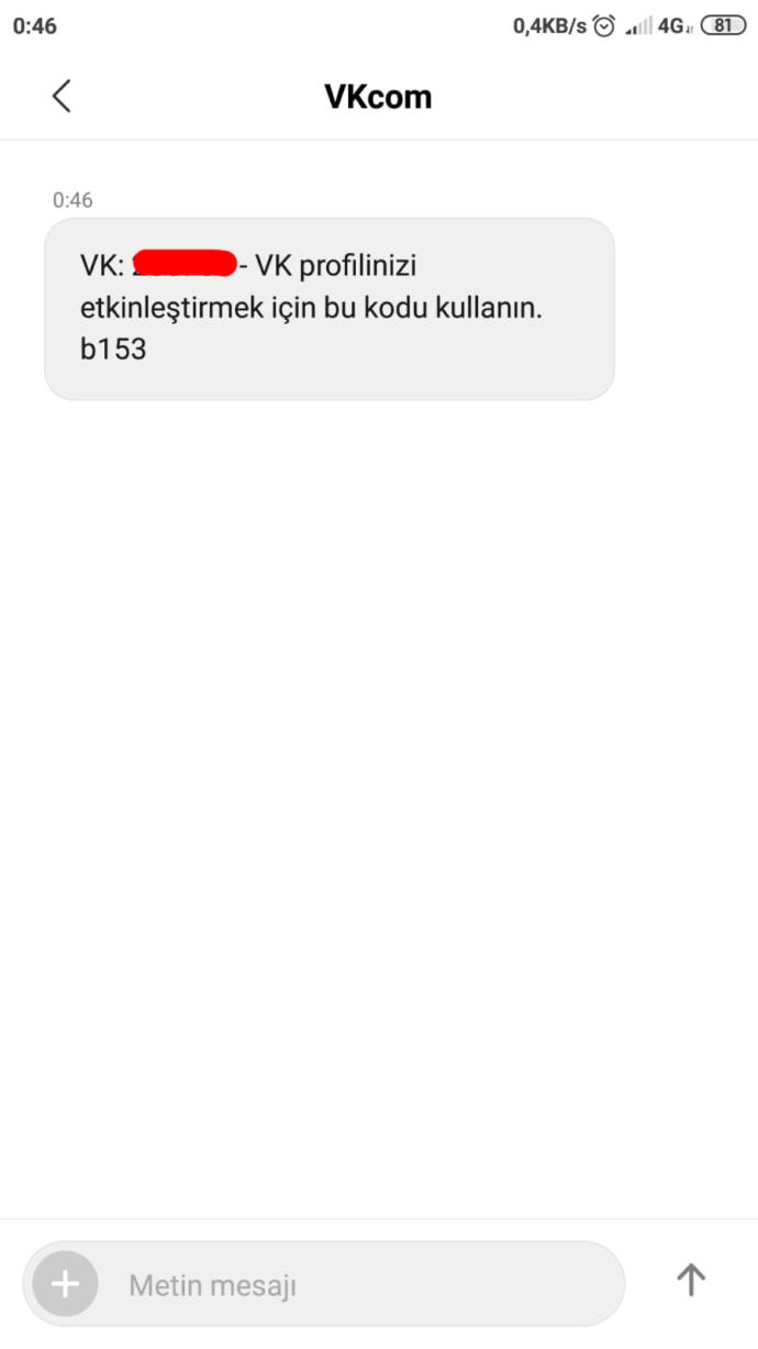 Bir diğer sms ise vkcom adına geldi
