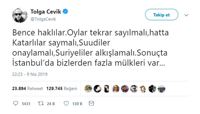 Tolga Çevik İstanbul’da devam eden sandık sayımına gönderme yaptı.