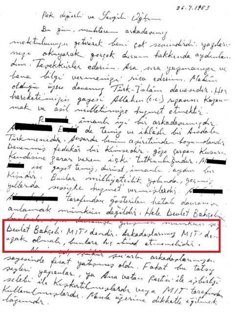 Alparslan Türkeş'in, oğlu Tuğrul Türkeş'e yazdığı 26 Temmuz 1983 tarihli mektup.