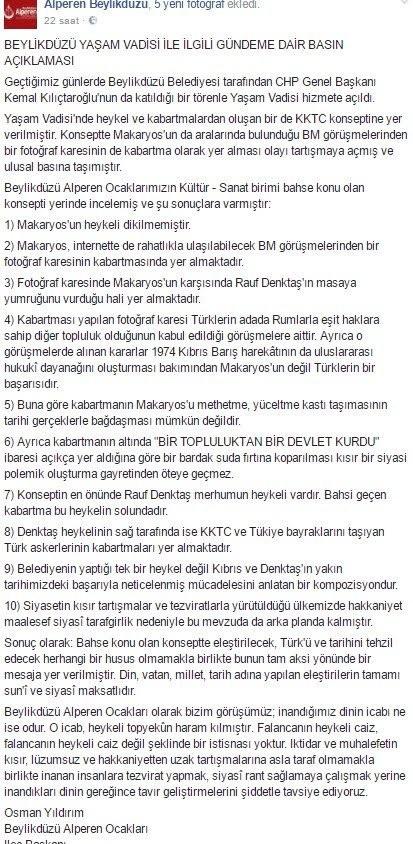 Alperen Ocaklarından saldırganlara kınama, anıta destek.