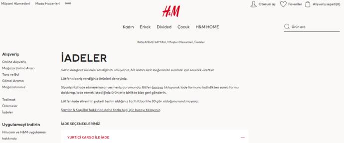 H&M iade sayfası