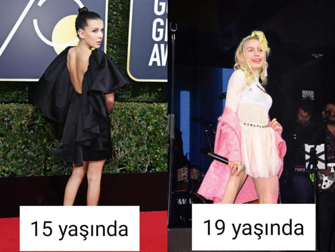 soldaki dünyaca ünlü 15 yaşındaki oyuncu Millie Bobby Brown daha lise 2 ye geçti sağdaki 19 yaşındaki aleyna tilki üniversite li