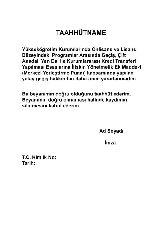 Daha önce merkezi yerleştirme puanıyla geçiş yapmadığına dair belge?