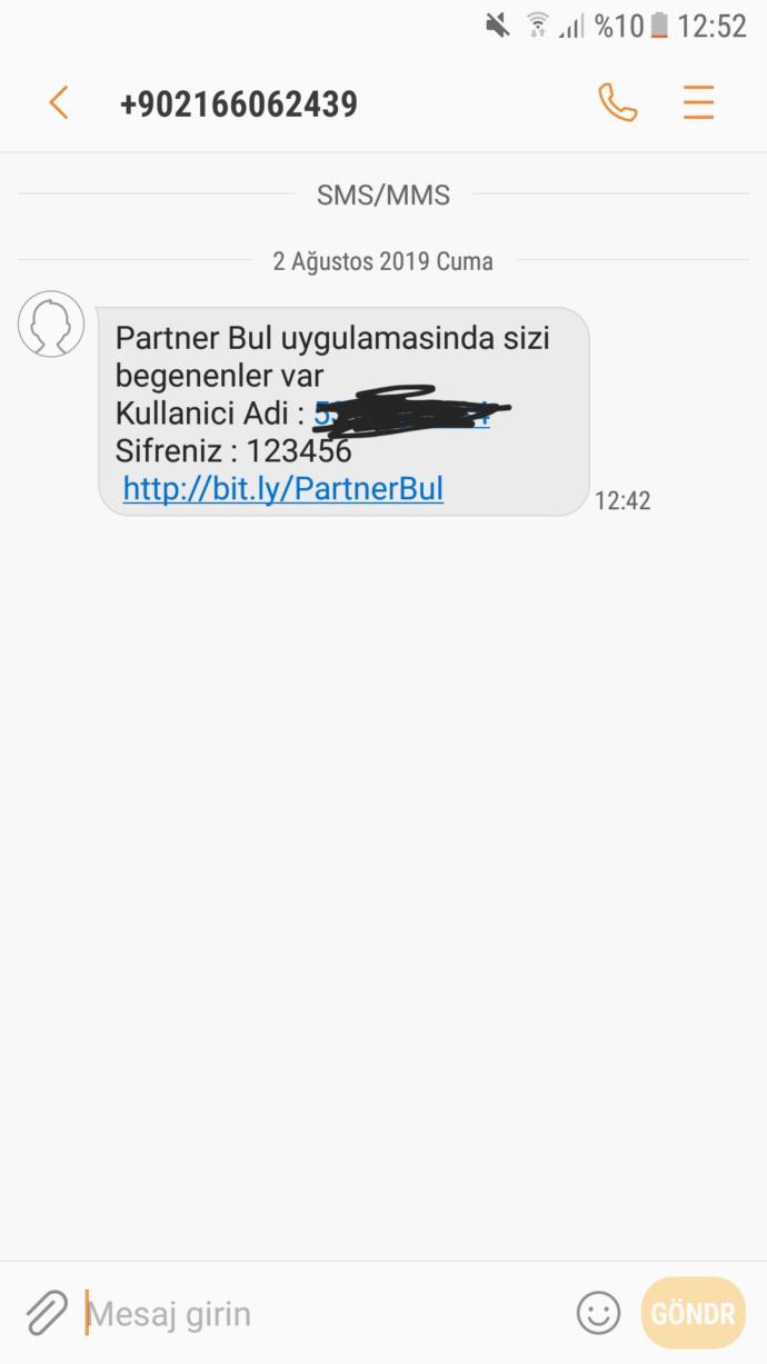 Partner bul'dan gelen sms mesajı nedir?