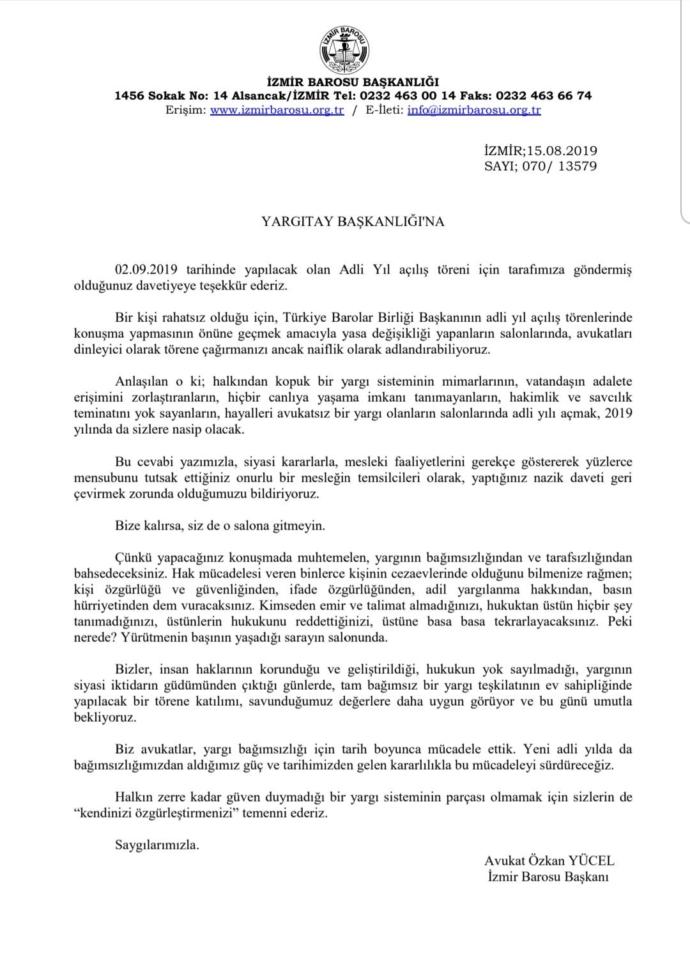 İzmir Barosu'nun Yargıtay'a ve dolayısıyla saraya verdiği efsane cevabı gördünüz mü?
