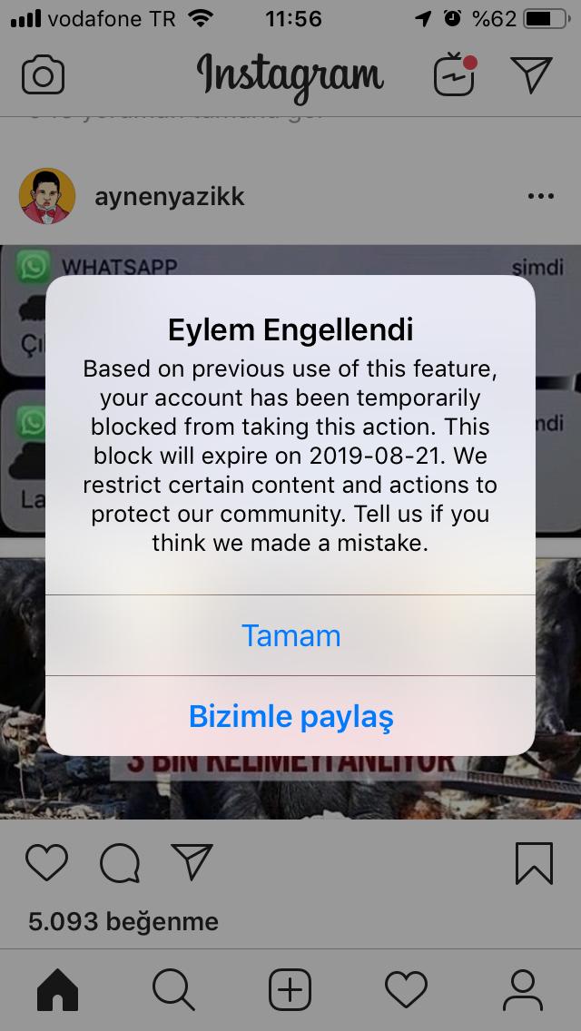 İnstagram böyle uyarı veriyor neden sizce?