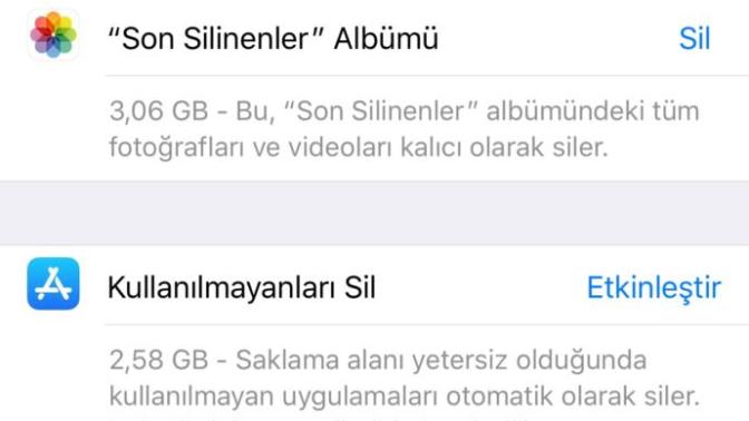 İPhone de saklama alanında ki diğer dediği neler?