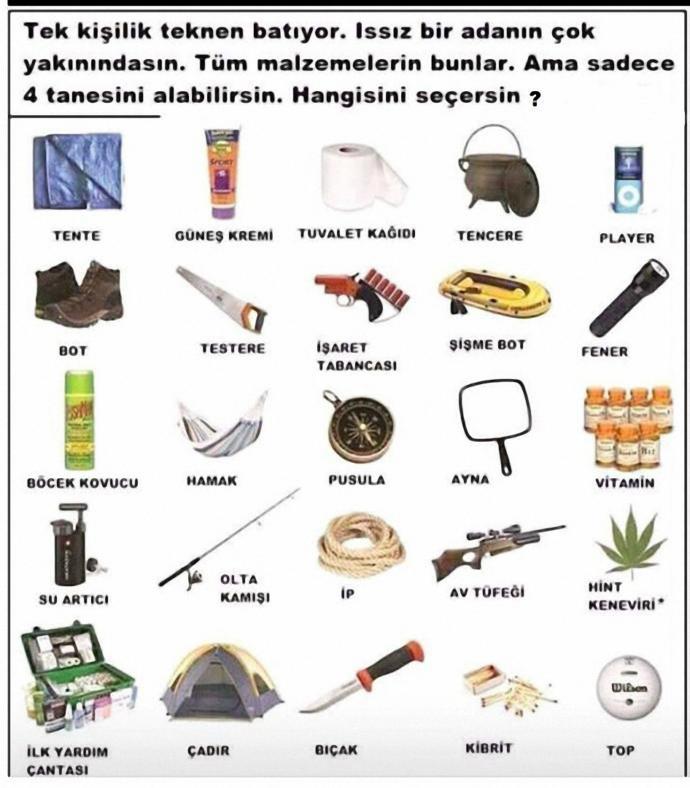 Sizce ıssız adaya düşen bunlardan hangi dördünü almalıdır?