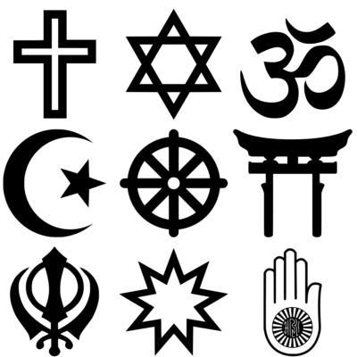 Bazı farklı dinlerin sembolleri: Hristiyanlık, Musevilik, Hinduizm, İslam, Budizm, Şintoizm, Sihizm, Bahailik, Jainizm