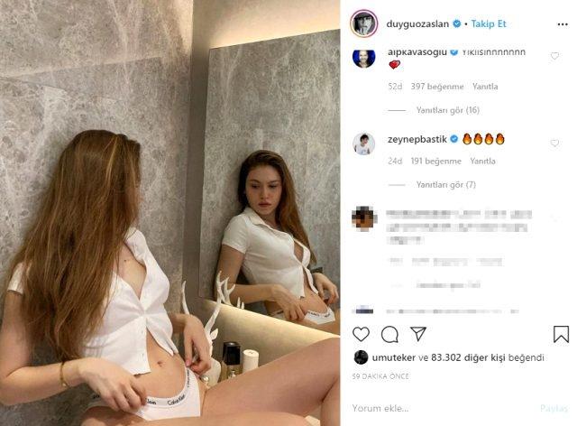 Duygu Özaslanın iç çamaşırlı ev pozu olay oldu! Siz de cesur fotoğraflar çekinir misiniz?