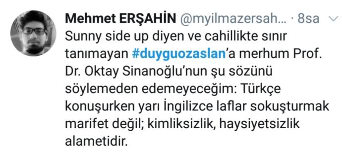Yumurtanın Türkçesini bilmiyorum! diyen, Duygu Özaslan‘a ne demek istersin?