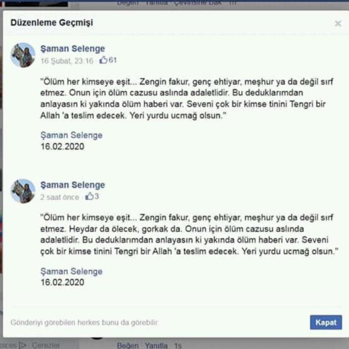 Bu resimde Sahte Şaman Selenge Face hesabında eski gönderilere düzenleme yaparak ben soylemiştim diyor :)