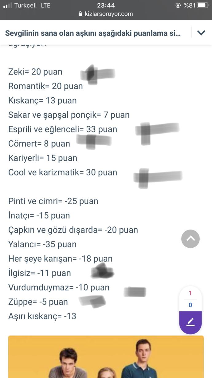 Sevgilinin sana olan aşkını aşağıdaki puanlama sistemine göre yapsan kaç puan alırdı?
