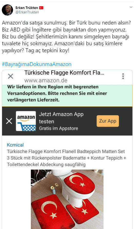 Şanlı Türk bayrağından yapılmış banyo seti satan Amazon sitesi ne yapmak istemektedir?