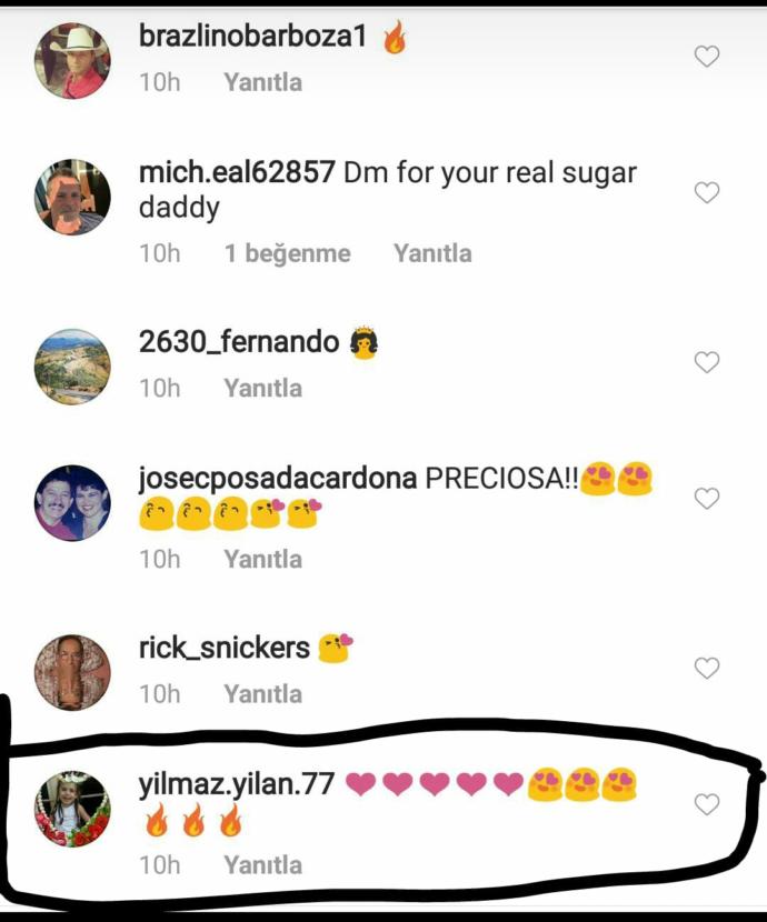 yılmaz isimli kişi 13 yaşında ki bu kıza şu yorumu atmış ve profilinde de küçük bir kız var