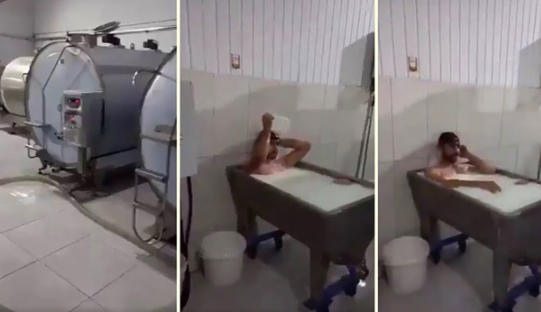 Sosyal medyayı ayağa kaldıran görüntü: Fabrikada süt kazanına girip yıkandı! Ne düşünüyorsun?