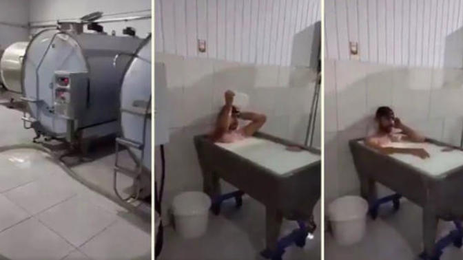 Sosyal medyayı ayağa kaldıran görüntü: Fabrikada süt kazanına girip yıkandı! Ne düşünüyorsun?