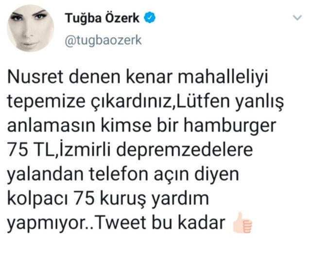 Şarkıcı Tuğba Özerkin Nusret hakkındaki Kenar Mahalleli sözüne katılıyor musunuz?