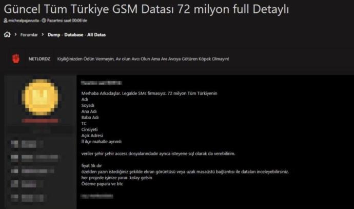 TC, Adres, Ad Soyad gibi bilgilerin bulunduğu 72 Milyon GSM datası 5.000 TLye satılıyor! Ne düşünüyorsunuz?