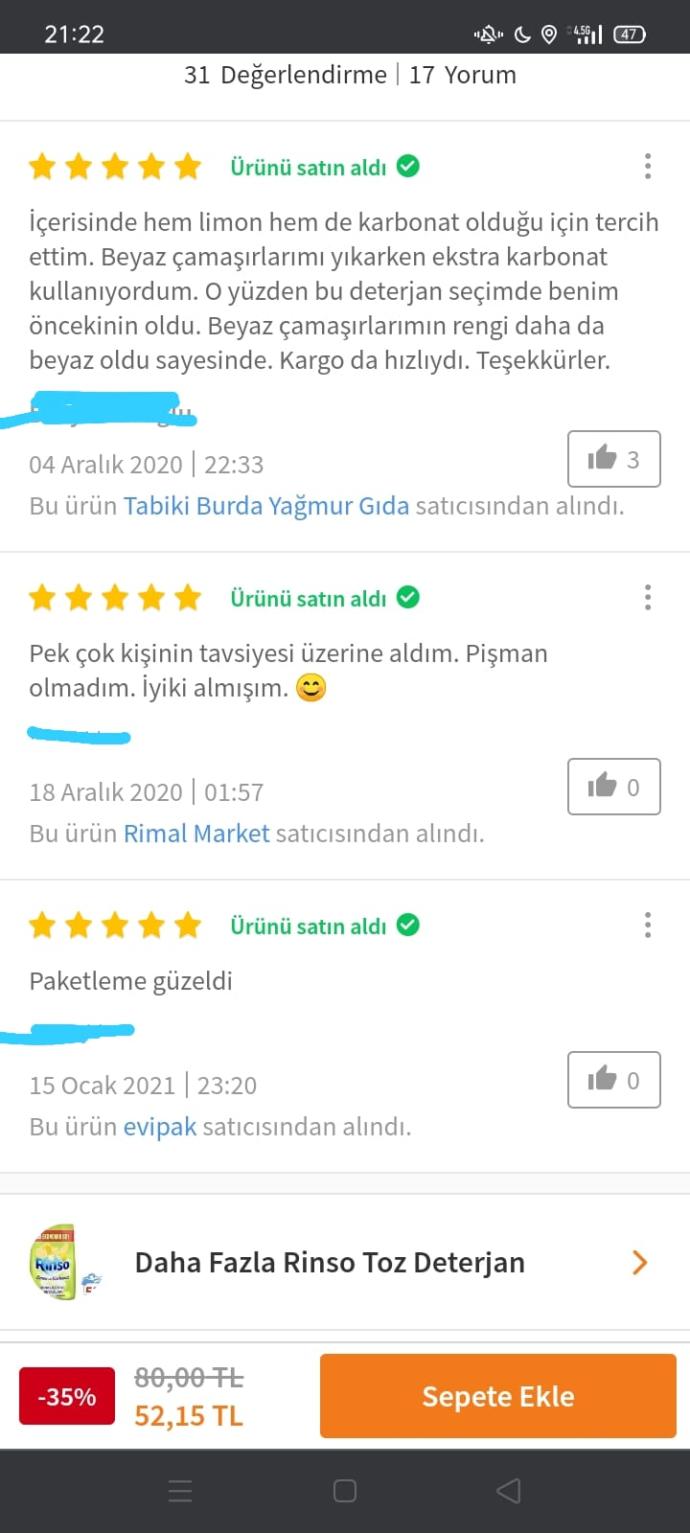Rinso limon ve karbonat toz deterjan kulananların yorumları