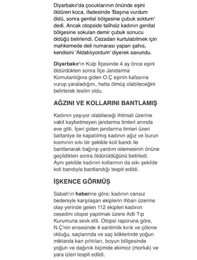 Diyarbakırda 13 yıllık karısını özel bölgesine demir çubuk sokarak öldüren cani koca, beni aldatıyordu demiş, ne düşünüyorsunuz?