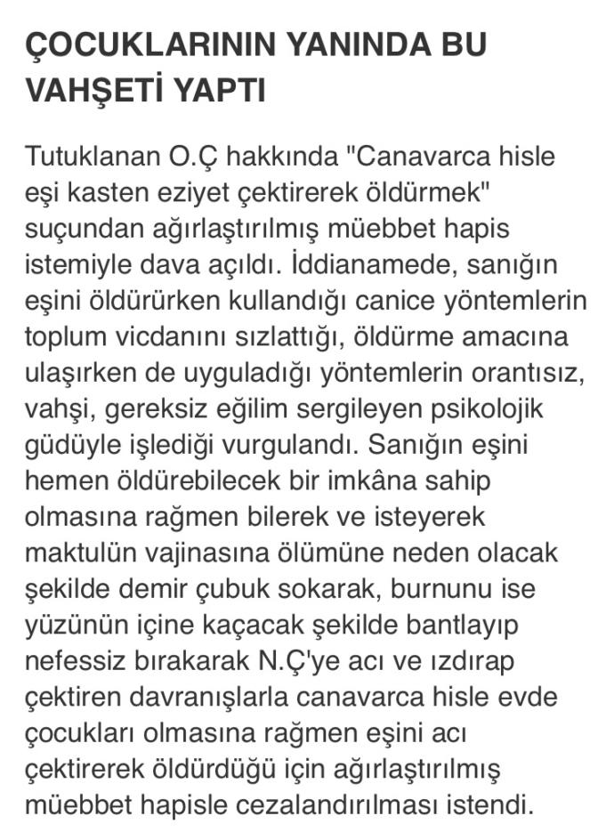 Diyarbakırda 13 yıllık karısını özel bölgesine demir çubuk sokarak öldüren cani koca, beni aldatıyordu demiş, ne düşünüyorsunuz?