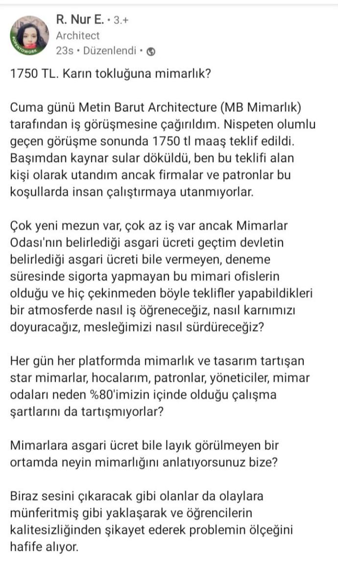 İTÜ mezunu mimara 1750 TL maaş teklif edilmesi hakkında ne düşünüyorsunuz?