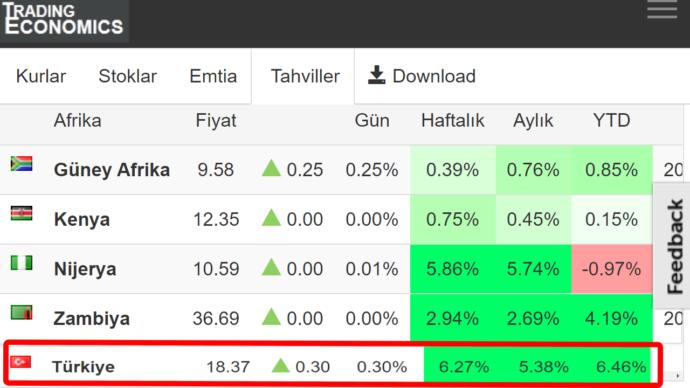 Afrika ülkeleriyle Türkiyenin 10 yıllık devlet tahvili faizi karşılaştırması.