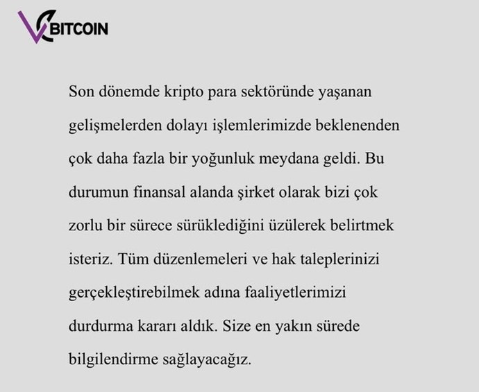 Kripto para borsası şirketi Vebitcoin in internet sitesindeki açıklaması.