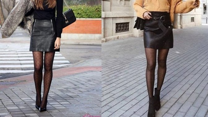 Kısa etek, külotlu çorap ve topuklu ayakkabı kombinasyonu çok hoş değil mi?