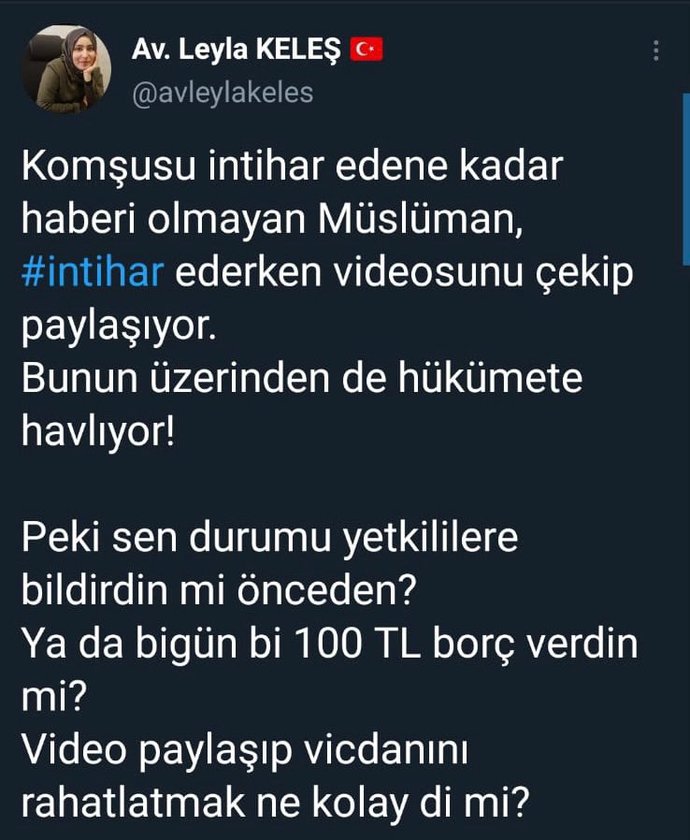 İntihar eden vatandaş için Akpli Av. Leyla keleşin söylediklerine katılıyor musunuz?