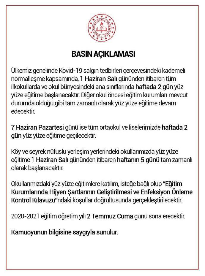 Okullarda haftanın 2 günü yüz yüze eğitime geçiliyor! Sizce karar doğru mu?