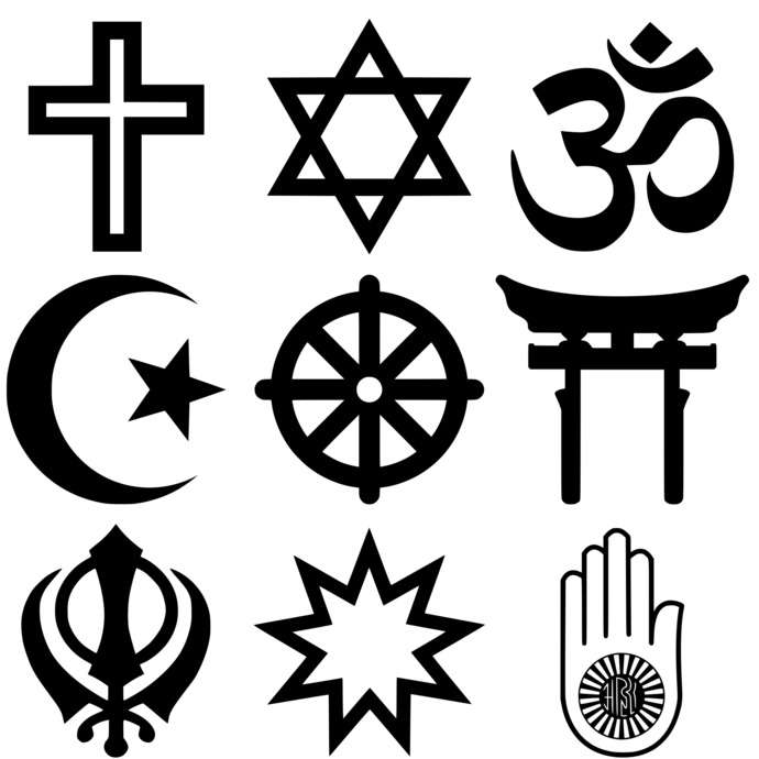 Bazı farklı dinlerin sembolleri: Hristiyanlık, Yahudilik, Hinduizm, İslam, Budizm, Şintoizm, Sihizm, Bahailik, Jainizm