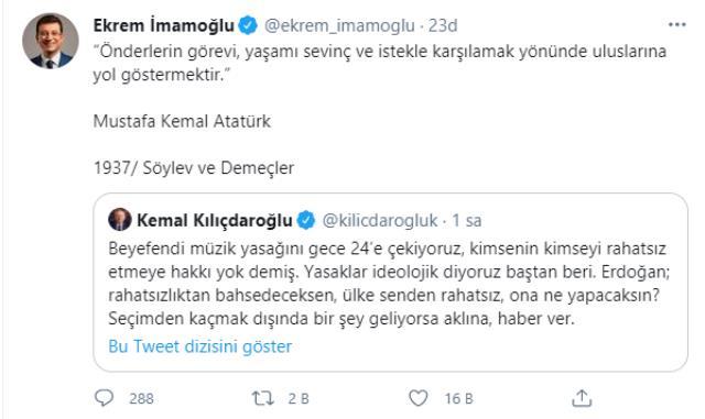 İmamoğlundan Erdoğanın müzik saati çıkışına Atatürkün sözüyle gönderme! Peki bu ilginç yasağı sizler doğru buluyor musunuz?