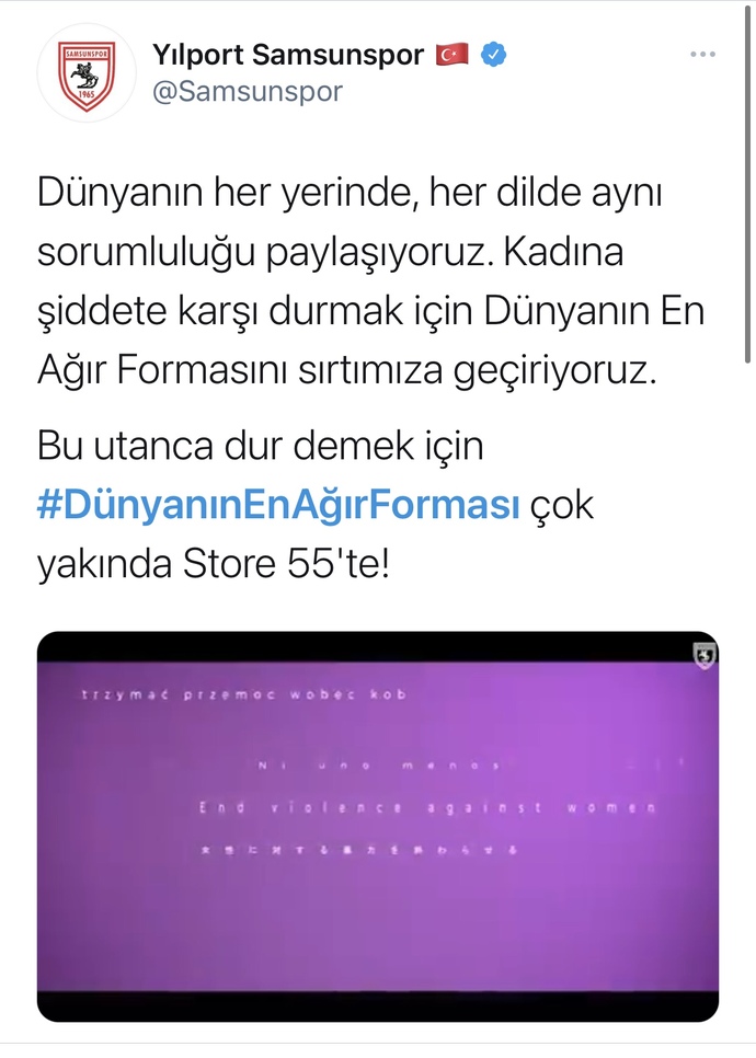 Samsunspor’un kadına şiddete karşı farkındalık aracıyla çıkardığı #DünyanınEnAğırForması’nı nasıl buldunuz?