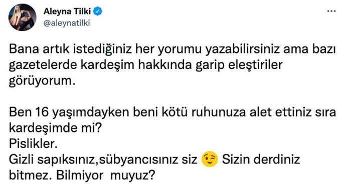 Aleyna Tilki, kız kardeşi Ayça Tilki hakkında yapılan yorumlara Sübyancısınız. diyerek sert bir cevap verdi. Ne düşünüyorsunuz?