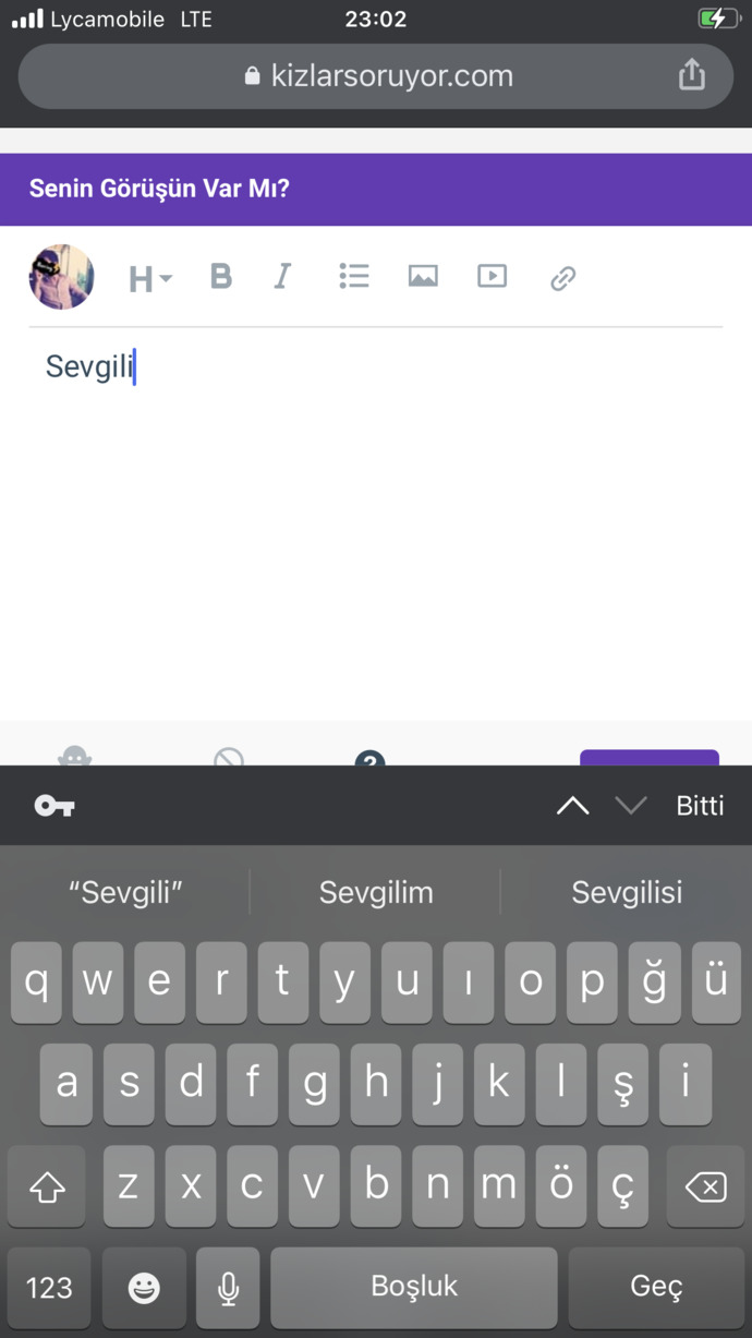 Telefon klavyesine "sevgili" yazıp ardından gelen birkaç kelimeyi yazar mısınız?