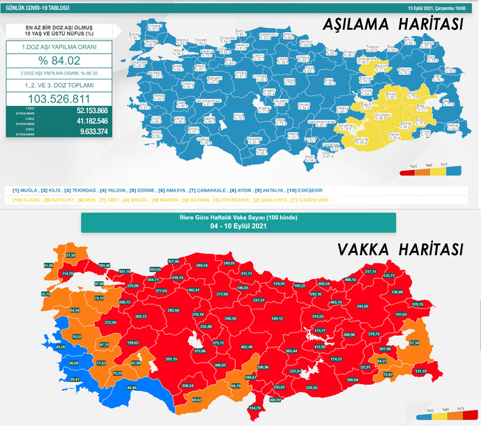 Türkiye aşılama ve vaka haritasına göre senin şehrin hangi renk?