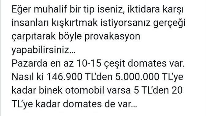 "Nasıl ki 5 milyon liraya araba var, 20 liraya domates de var" diyen bir vekile katılıyor musunuz?