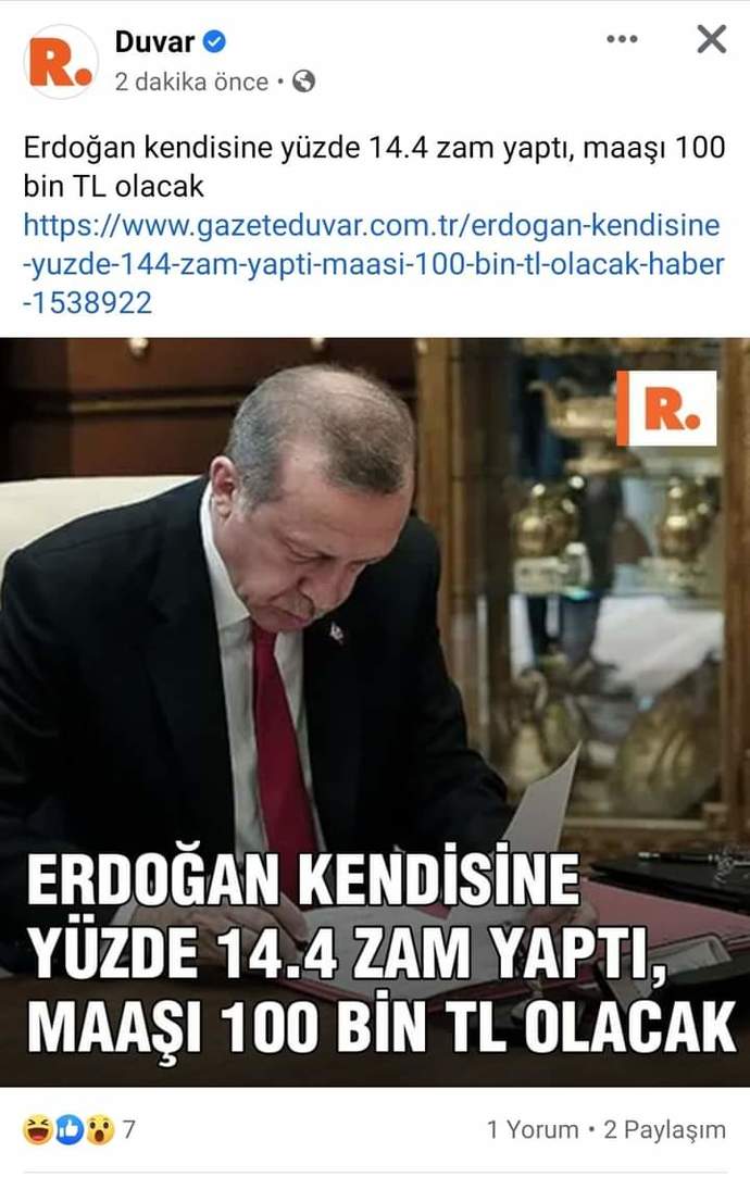 Erdoğan kendi maaşına % 14 zam yaptı, 100 bin lira alacak! Var mı söylemek istediğin bir şey?