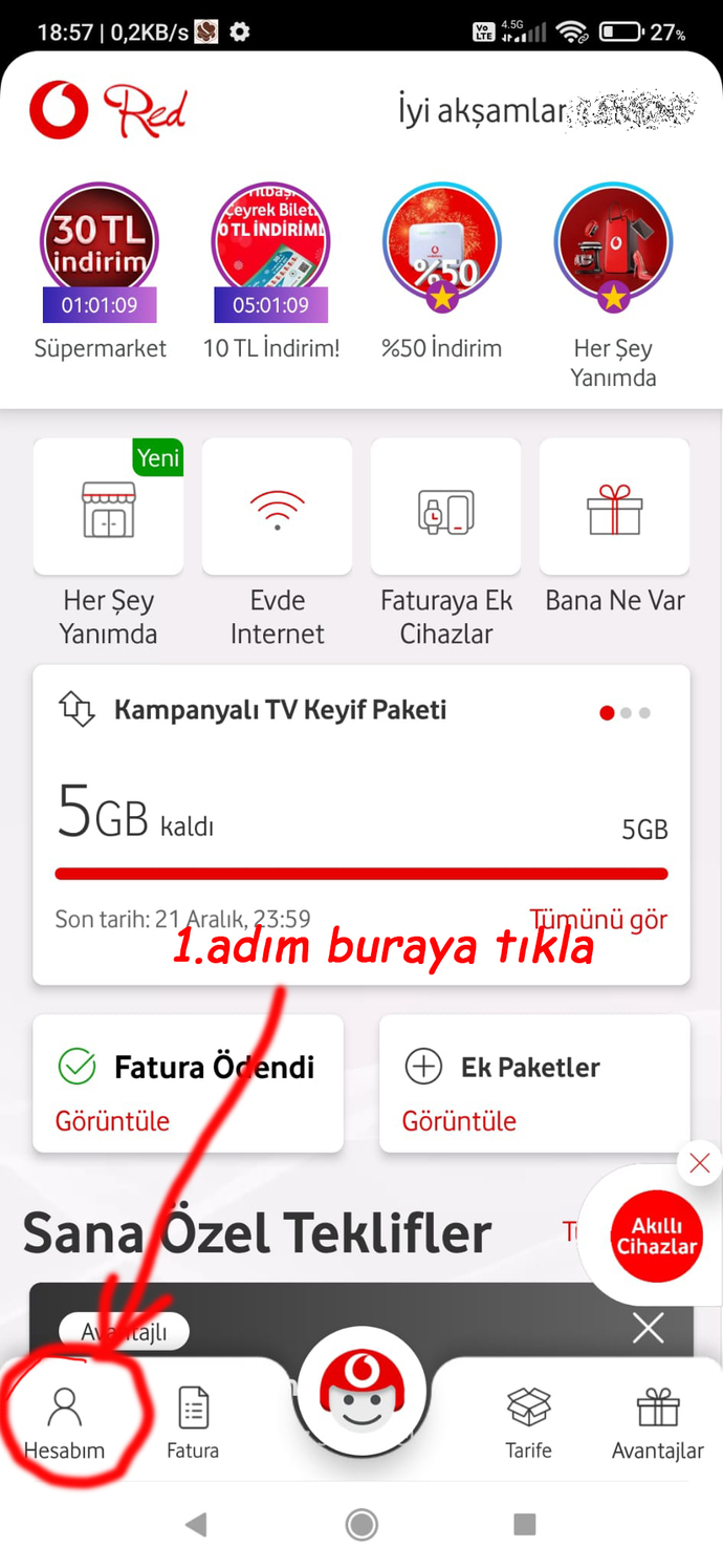 Vodafone kullanıyorum. Ne kadar İnternetim kaldığını nereden görebilirim?