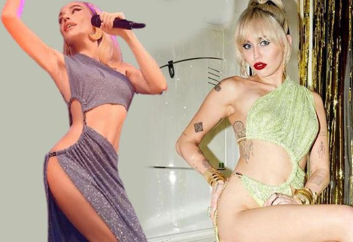 Miley Cyrus elbisesiyle dikkat çekti! Gülşen giydi bunu Sence hangisi?